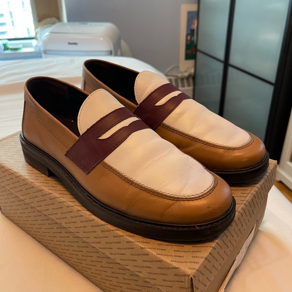 Urban outfitters loafers in brown and white